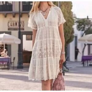 Sundance Sweep Of Lace Dress Ruffle Short Sleeve Boho Country Cream Tan X-Small
